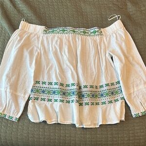 Handmade Off-Shoulder Top with Green and Blue Embroidery